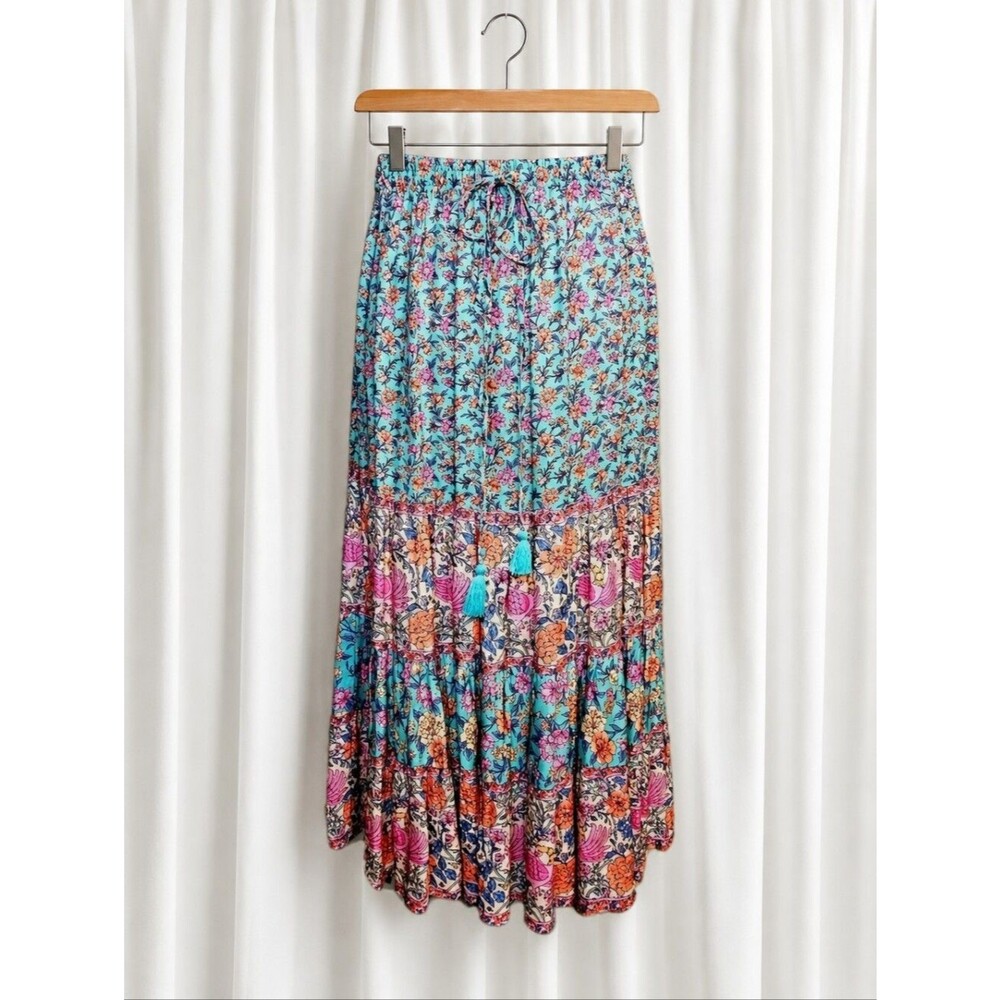 Arnhem Boho Meadow Floral Alternate Print Tiered Jacobean Print Midi Skirt
